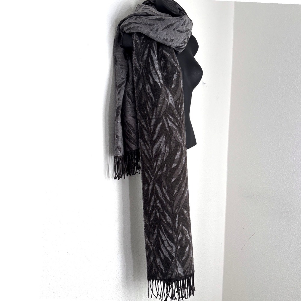 Gentle Fawn Grey Reversible Abstract Fringe Wrap Scarf 92x24 Witchy Dark Fairy